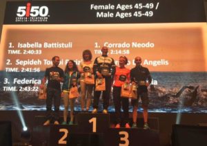 Il podio maschile e femminile cat. 45-49 del 5i50 Cervia Triathlon Emilia Romagna, prima edizione, corsa il 24 settembre 2017