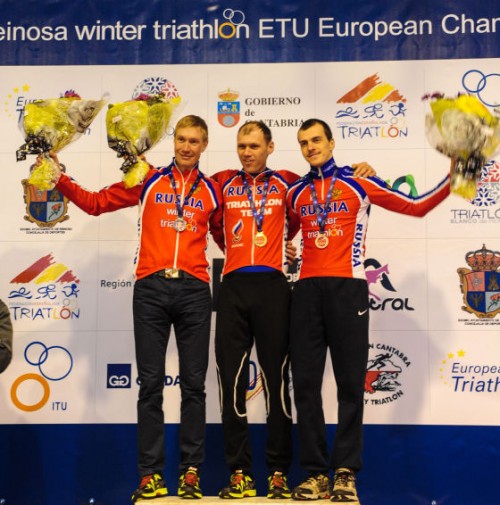 Il podio russo agli Europei di Winter Triathlon 2015 di Reinosa (Spagna)