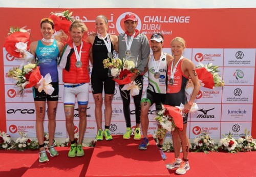 Il podio del 1° Challenge Dubai (Foto: Charlie Crowhurst/Getty Images for Challenge Triathlon)