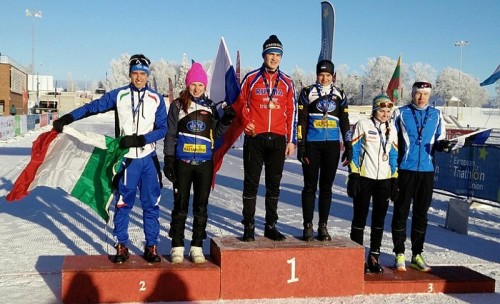 Il podio Junior degli Europei di winter triathlon 2016 con l'azzurro Marco Liporace d'argento (Foto: Marco Bethaz)