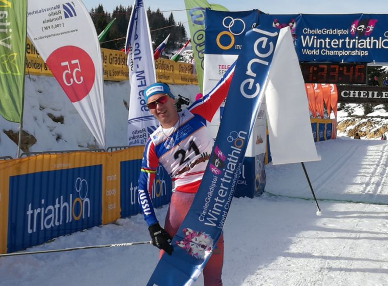 Il russo Pavel Andreew, sabato 27 gennaio 2018, ha conquistato il suo sesto titolo mondiale di winter triathlon Elite (Foto ©WorldTriathlonLive)