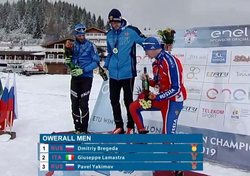 Il podio maschile degli Europei di winter triathlon 2019: sul secondo gradino, l'azzurro Giuseppe Lamastra.