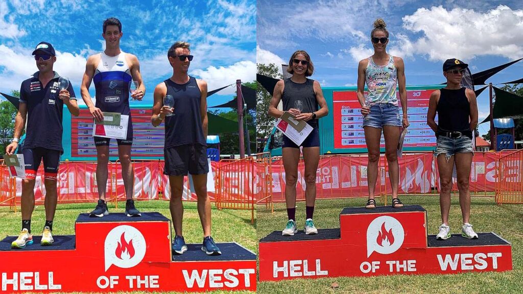 Il podio 2021 dell'Hell of the West Triathlon Half di Goondiwindi, vincono Ellie Salthouse e Steve Mckenna