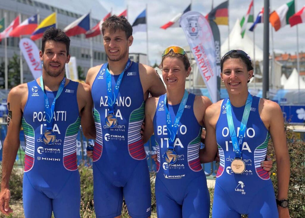 Gianluca Pozzatti, Nicola Azzano, Alice Betto e Angelica Olmo, i 4 azzurri che a Lisbona il 21 maggio 2021 hanno conquistato il pass olimpico nella prova di staffetta mista