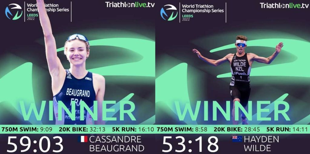 I vincitori della World Triathlon Championship Series Leeds 2022: Cassandre Beaugrand e Hayden Wilde