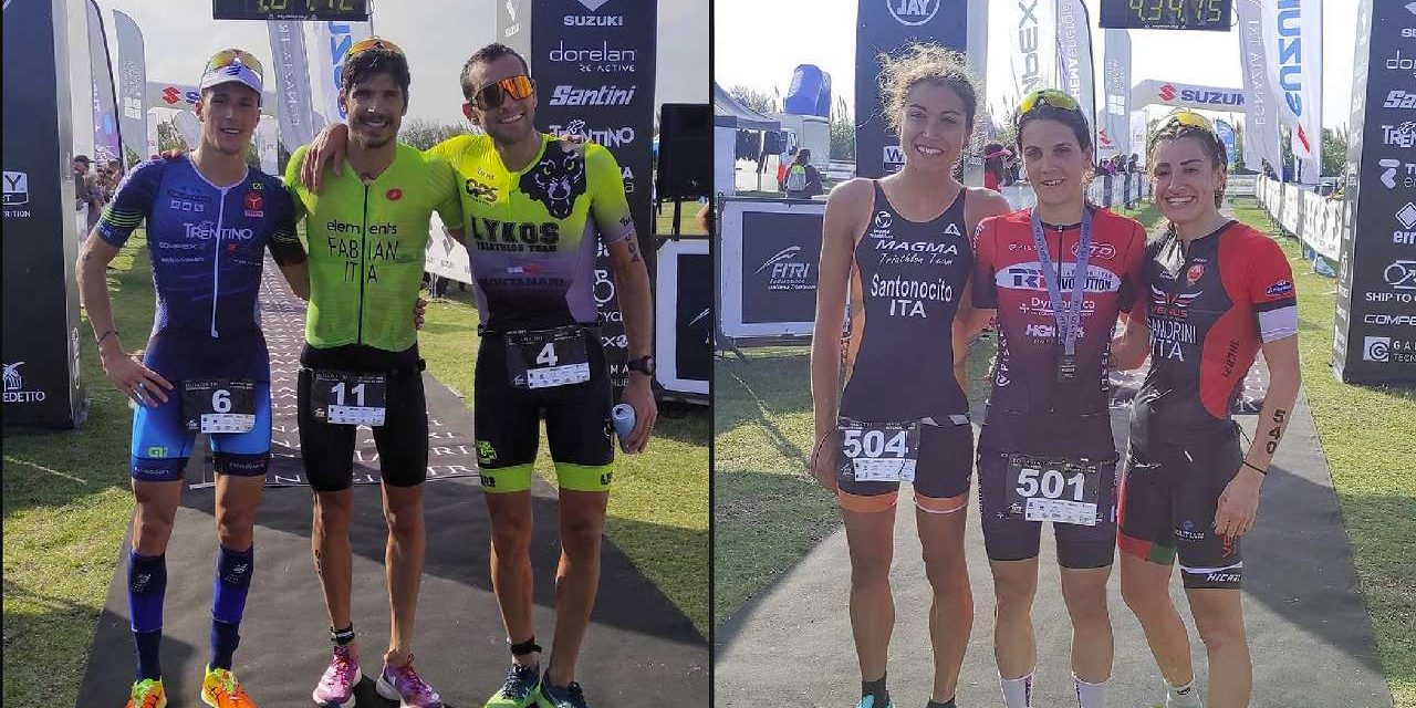 I podi dei Campionati Italiani di triathlon medio 2022 di Borgo Egnazia: vincono Marta Bernardi e Alessandro Fabian