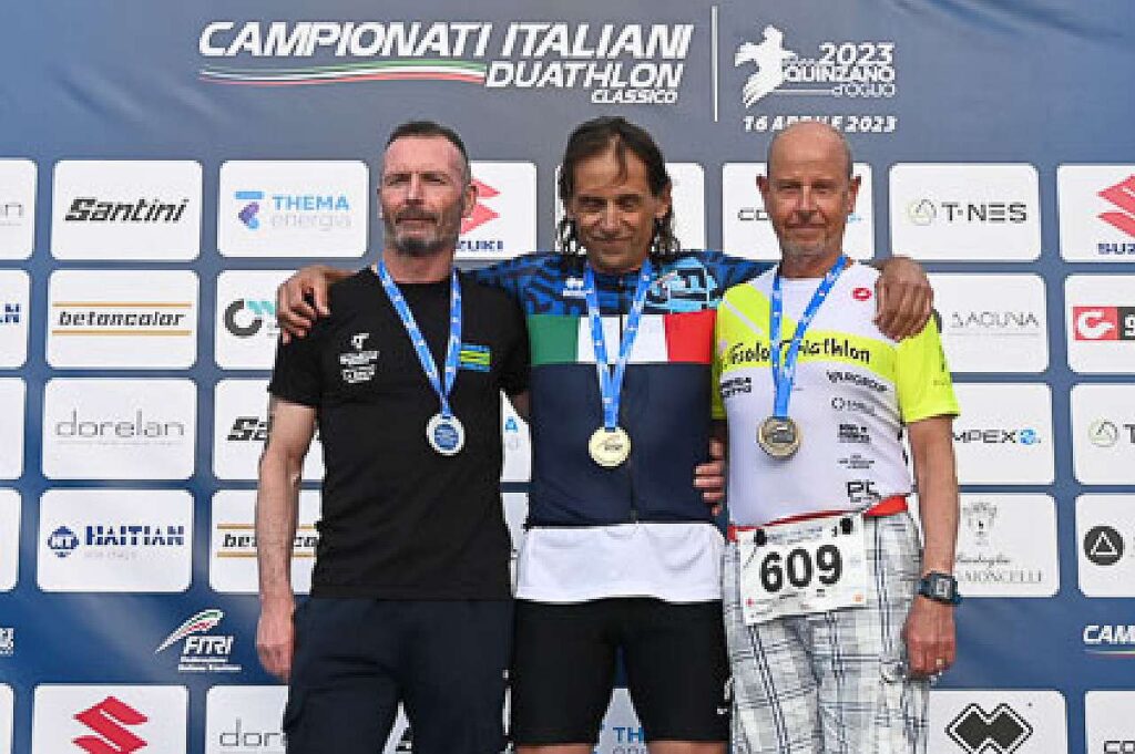 Campionati Italiani Duathlon Classico 2023, 16 aprile, Quinzano d'Oglio, podio Master 4: vince Marco Fronza (Foto: Tiziano Ballabio / FITri)