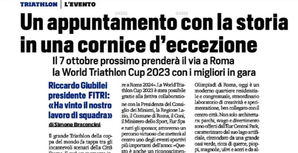 L'annuncio del Corriere dello Sport della World Cup Triathlon Roma 2023