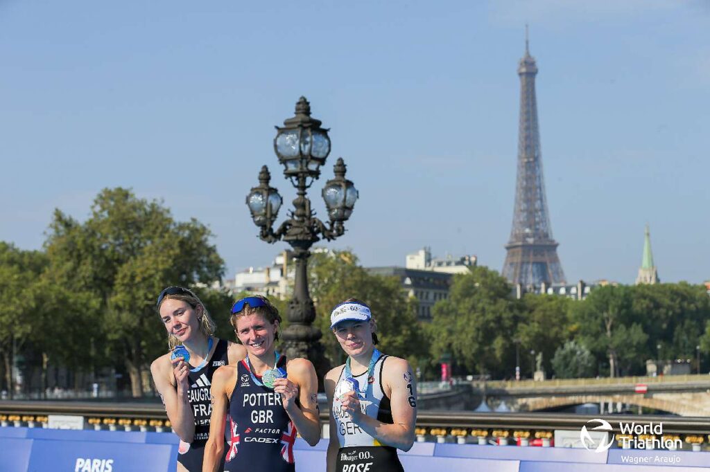 Il podio assoluto donne del Paris Test Event 2023: vince Beth Potter (Foto: World Triathlon)