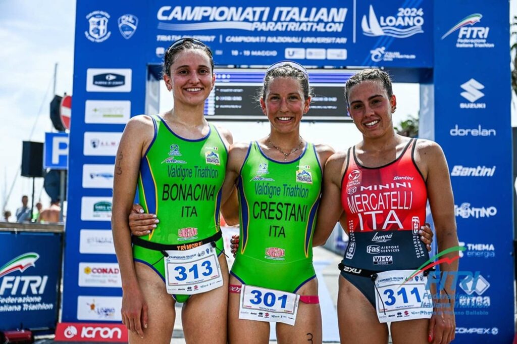 Campionati Universitari 2024 a Loano, il podio femminile: vince Francesca Crestani (Foto Tiziano Ballabio / FITri)
