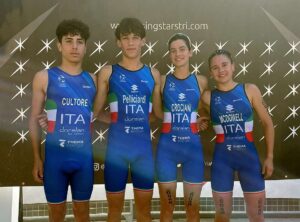 La Mixed Relay italliana Junior vince l'oro a Caorle 2024 con Lorenzo Pelliciardi, Riccardo Cultore, Sara Crociani e Martina McDowell)