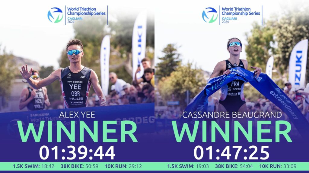 I vincitori della World Triathlon Championship Series Cagliari 2024: Alex Yee e Cassandre Beaugrand